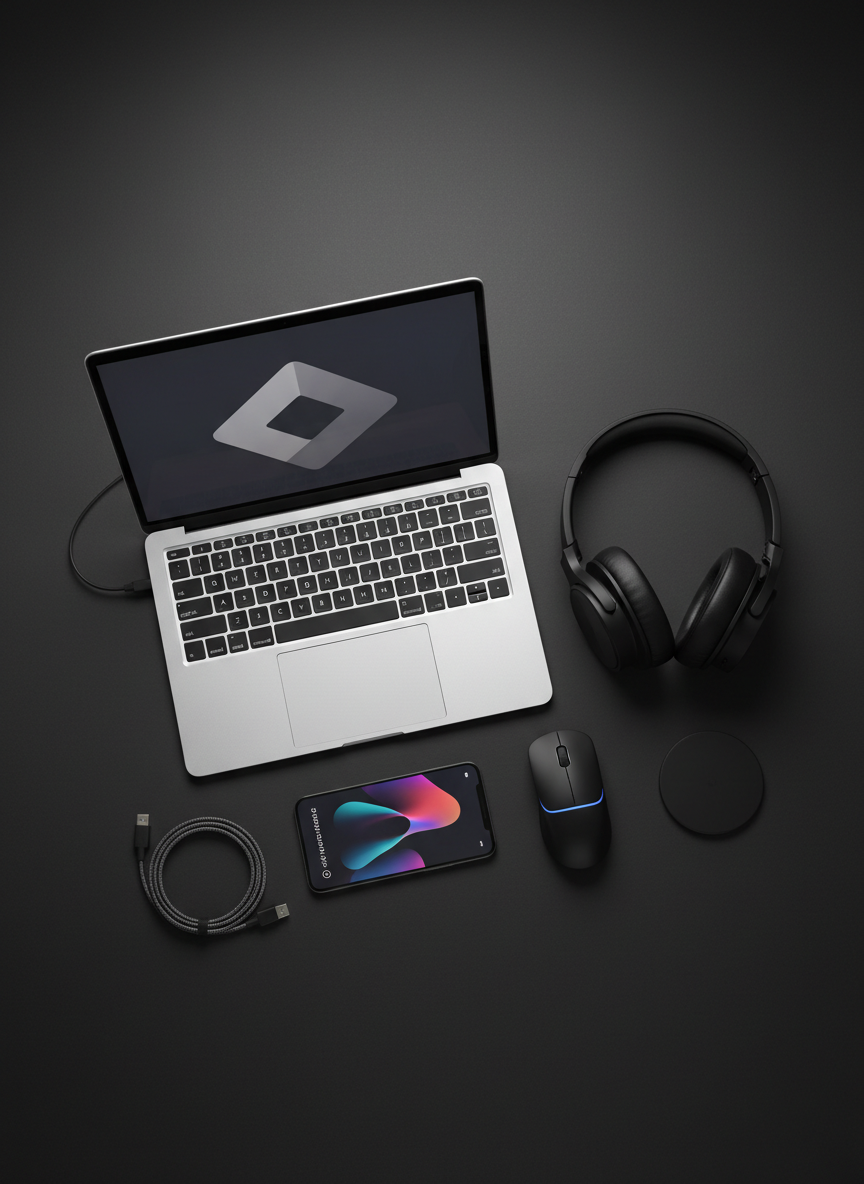 A meticulously arranged flat lay of top-tier tech gadgets on a smooth, matte charcoal desk surface, featuring a sleek ultrabook with a brushed aluminum finish, a pair of noise-cancelling over-ear headphones in soft-touch black, a slim smartphone with a vibrant edge-to-edge display, and a compact wireless mouse with subtle LED accent. Around them lie a minimalist charging dock and a braided USB-C cable neatly coiled. Soft studio lighting from above and slightly to the left creates gentle reflections on metal edges and crisp shadows that define each object. Shot from a pure bird’s-eye view with sharp focus throughout, the composition is clean and balanced, evoking a professional, trustworthy, photographic realism perfect for a tech recommendation blog homepage hero image.